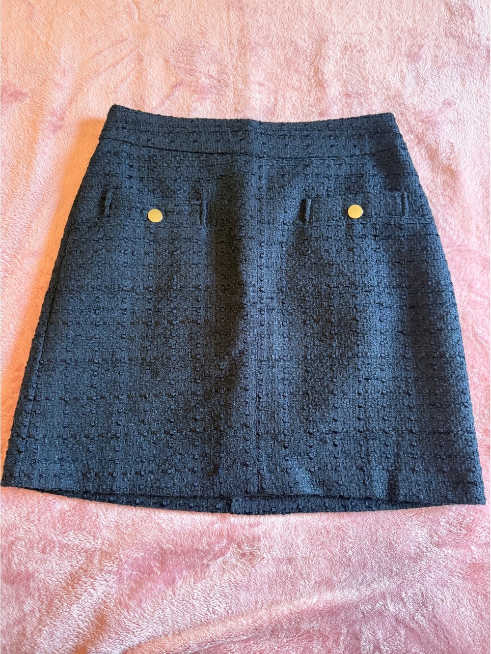 Ann Taylor LOFT navy dark blue knit textured tweed mini skirt gold buttons 2